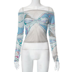 Long sleeve off shoulder sheer mesh ruched contrast top