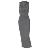 Turtle neck ruched solid sleeveless slit midi dress