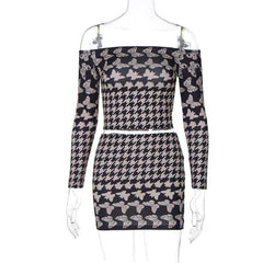 Butterfly print contrast off shoulder long sleeve mini skirt set