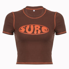 Stitch contrast short sleeve "sure" pattern crewneck crop top