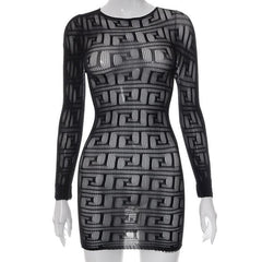 Fishnet see through long sleeve hollow out mini dress