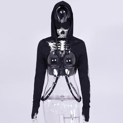 Long sleeve hoodie skeleton print buckle gloves contrast shrug top