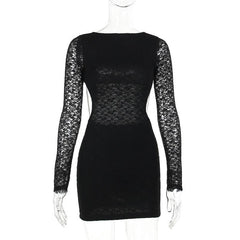 Lace solid long sleeve backless hollow out self tie mini dress