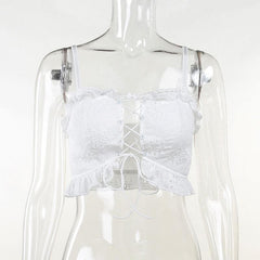 Sleeveless solid hollow out lace up self tie backless lace hem cami top