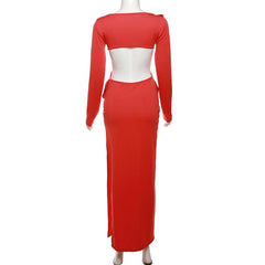 Bowknot backless hollow out solid long sleeve maxi dress