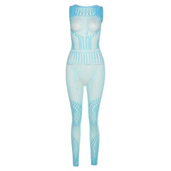 Sleeveless fishnet hollow out solid jumpsuit