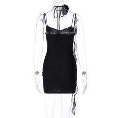 Flower applique solid backless v neck ribbon cami mini dress