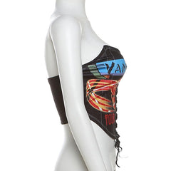 Lace up letter print backless stitch contrast tube top
