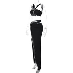 O ring hight slit hollow out ruched backless cami maxi skirt set