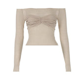 Long sleeve backless off shoulder ruched solid top