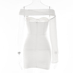 Solid one shoulder o ring hollow out mesh backless mini dress