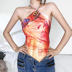 Halter abstract self tie backless contrast top