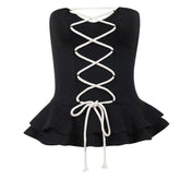 Lace up contrast ruffle corset notch neck tube crop top