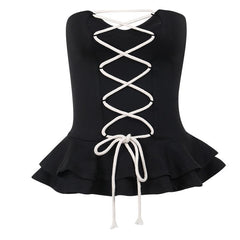Lace up contrast ruffle corset notch neck tube crop top