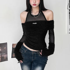Fluffy metal tag mesh patchwork halter long sleeve top