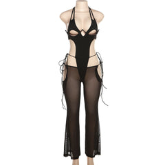 Halter self tie hollow out low cut backless mesh bodysuit pant set