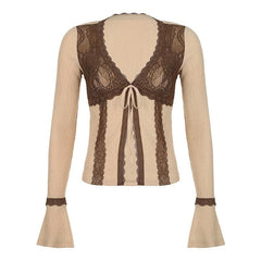 Lace contrast self tie long flared sleeve v neck top