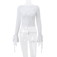 Long flared sleeve self tie stitch ribbed solid crop top