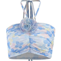 Contrast ruched halter mesh flower applique self tie crop top