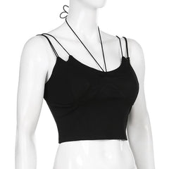 Halter solid spaghetti strap backless lace up crop top - Final Sale