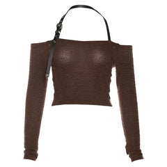 Fluffy halter PU leather buckle off shoulder long sleeve crop top