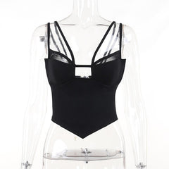 Mesh solid patchwork backless hollow out crop top