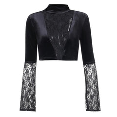Velvet patchwork lace high neck flared sleeve crop top