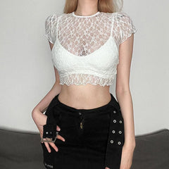 Lace see through solid ruffle short sleeve crewneck crop top