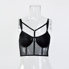 Mesh backless low cut bustier solid hollow out cami top
