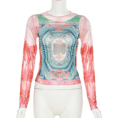 PRE ORDER - Long sleeve crewneck contrast abstract mesh top