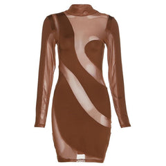 Long sleeve irregular high neck solid mesh mini dress