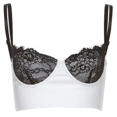 Lace patchwork backless low cut contrast cami crop top