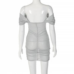 Corset off shoulder textured ruched see through mini dress