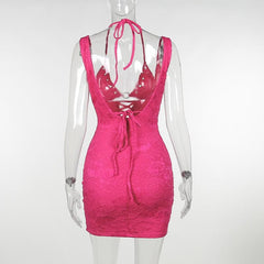 Halter o ring lace up lace backless hollow out solid mini dress