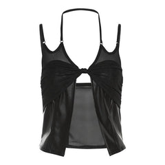Mesh knotted PU leather patchwork halter solid v neck crop top - Final Sale