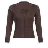 Knitted lace hem button ruched long sleeve patchwork top - Final Sale