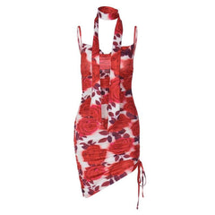 PRE ORDER - Flower print contrast drawstring cowl neck backless cami mini dress
