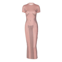 Crewneck body pattern short sleeve striped contrast midi dress