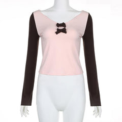 Bowknot contrast patchwork long sleeve v neck top