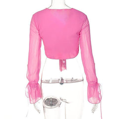 V neck self tie front chiffon long sleeve crop top