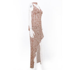 Contrast flower print slit irregular backless midi dress