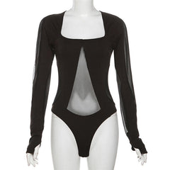 Square neck mesh patchwork long sleeve gloves bodysuit
