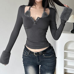 Fluffy patchwork halter button long sleeve top