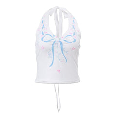 Lace up v neck bowknot pattern halter backless top