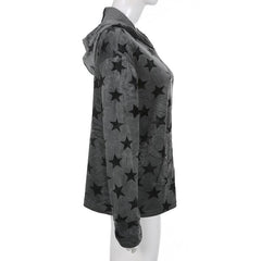 Contrast star pattern long sleeve hoodie pocket zip-up coat - Final Sale