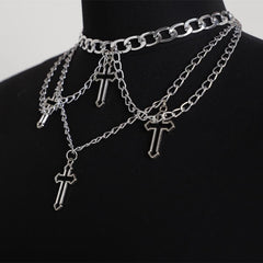 Cross pendant layered choker necklace