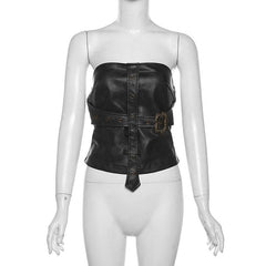 Buckle PU leather zip-up backless tube crop top