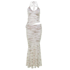 Halter irregular v neck ruched backless contrast print maxi skirt set