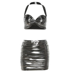 Metallic ruched halter backless low cut mini skirt set