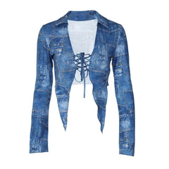 Denim print turnover collar long sleeve lace up crop top